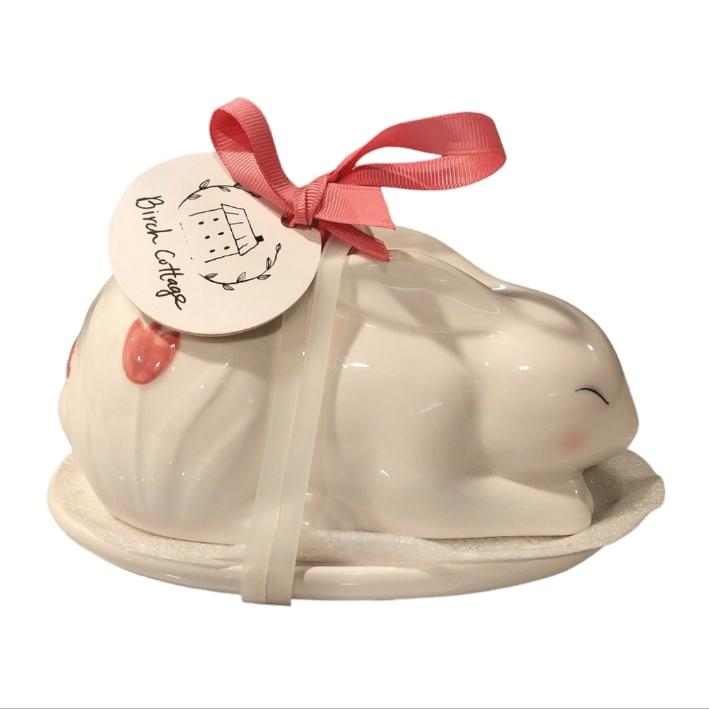 Birch Cottage Easter White Bunny Floral Butter Dish NWT